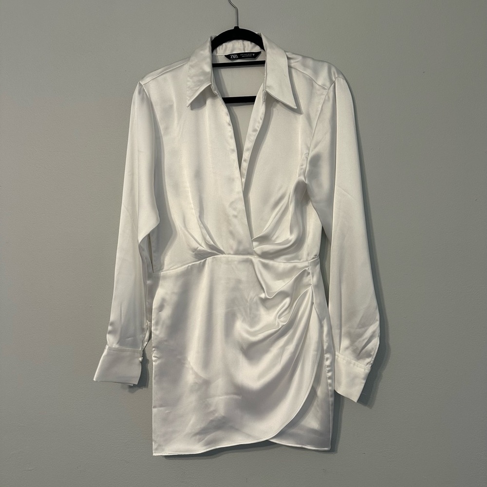Zara White Satin Wrap Shirt Dress